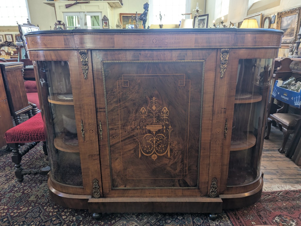 Victorian Gilt Metal Marquetry Inlaid Walnut Credenza